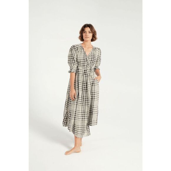 Apiece Apart Black Ivory Plaid Lucinda Wrap Midi Dress Women's Size Medium